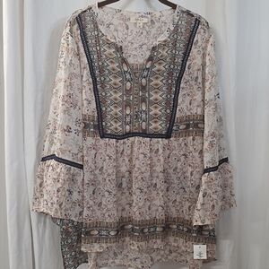Style Co 3x Floral Chiffon Georgette Beige Navy Neutral Boho Babydoll Tunic Top